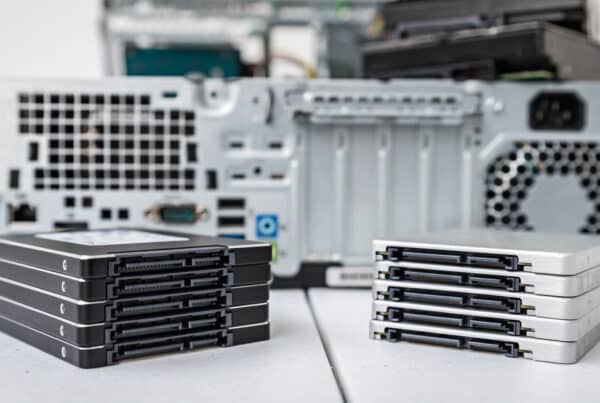 Two stacks of solid state drives being prepared for secure data destruction by TAMS Solutions.