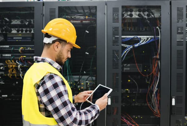 Data center technician with a tablet inspecting server racks during a decommissioning project