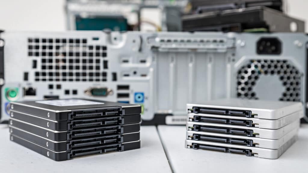 Stacks of computer hard drives beside retired IT equipment awaiting secure data destruction and asset disposition.